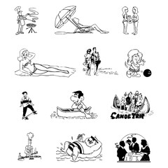 Various Kind of Moment People Like as playing,  Eating, Sleeping, Cooking Walking,  fishing, Swimming, Drinking, Relaxing, Skating line vector art illustration isolated on White Background.