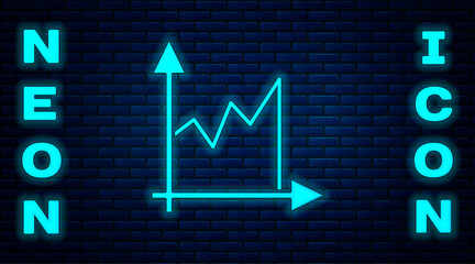 Glowing neon Graph, schedule, chart, diagram, infographic, pie graph icon isolated on brick wall background. Vector