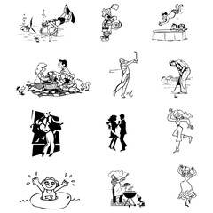Fototapeta na wymiar Various Kind of Moment People Like as playing, Eating, Walking, Running, Golfing, Playing etc line vector art illustration isolated on White Background.