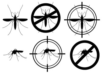 Group of warning prohibited mosquitoes sign and target isolated on white
