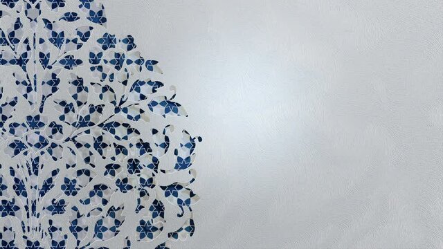 Traditional Islamic design white Arabic floral ornament on blue geometric stars pattern 3D animation. Arabesque graphic decorative paper cut silhouette loop background for Ramadan, Eid ul Adha.