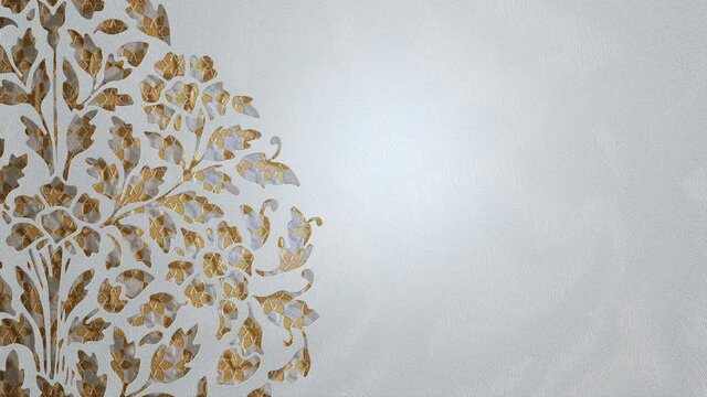 Traditional Islamic design white Arabic floral ornament on gold geometric stars pattern 3D animation. Arabesque graphic decorative paper cut silhouette loop background for Ramadan, Eid ul Adha.