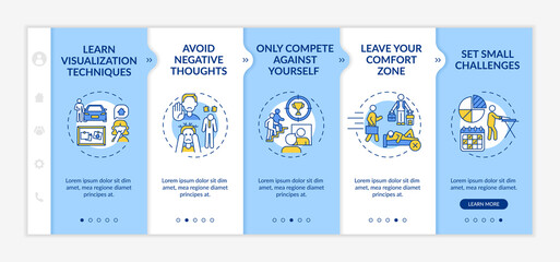 Self-improvement strategies onboarding vector template. Responsive mobile website with icons. Web page walkthrough 5 step screens. Skills development color concept with linear illustrations