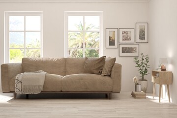 White living room with sofa and summer landscape in window. Scandinavian interior design. 3D illustration