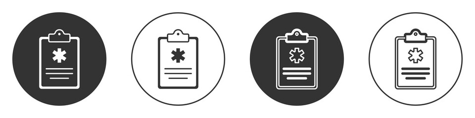 Black Medical clipboard with clinical record icon isolated on white background. Health insurance form. Prescription, medical check marks report. Circle button. Vector