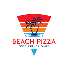 Pizza logo with sunset beach view, perfect tshirt, sticker design, also for pizza restaurant logo