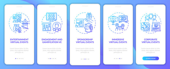 Distant events types onboarding mobile app page screen with concepts. Immersion, corporate session walkthrough 5 steps graphic instructions. UI, UX, GUI vector template with linear color illustrations