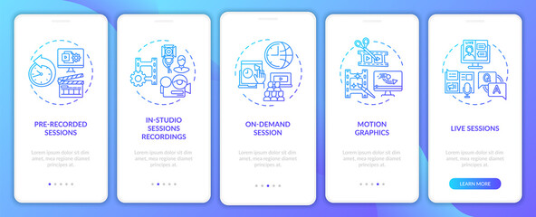 Distant event content onboarding mobile app page screen with concepts. Motion graphics, live event walkthrough 5 steps graphic instructions. UI, UX, GUI vector template with linear color illustrations