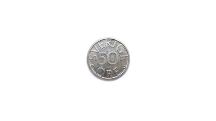 1978 Swedish 50 Sverige Ore Coin Back Side Isolated on White Background