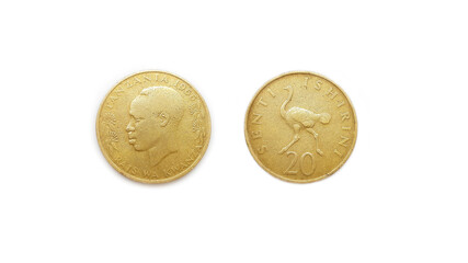 1966 Tanzania 20 Senti Coin Ishirini Front and Back Side Isolated on White Background