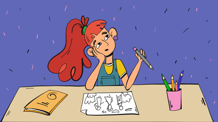 Girl drawing and dreaming. Illustration in doodle cartoon style