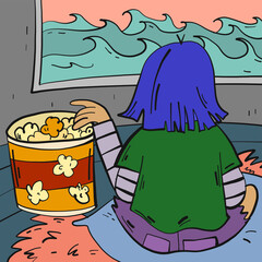 Girl eating popcorn and watching TV. Illustration in doodle cartoon style
