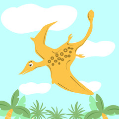 Yellow Pterodactyl illustration for children © Евгения Егорова