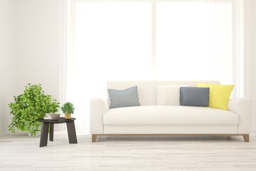 White living room with sofa. Scandinavian interior design. 3D illustration