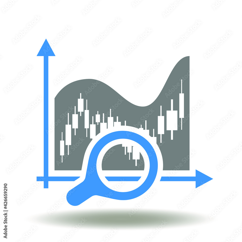 Poster chart wave, candlestick index graph and magnifying glass vector icon. financial investment search, c