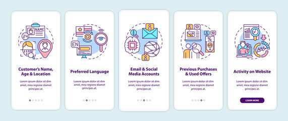 Fototapeta na wymiar Smart content analytics components, criteria onboarding mobile app page screen with concepts. SEO walkthrough 5 steps graphic instructions. UI, UX, GUI vector template with linear color illustrations