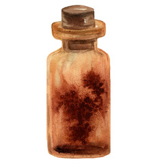 Watercolor hand drawn little brown bottle of glass with stopper. Template of antique bottle with magical element of earth. Design of witchcraft, magic stuff in cartoon style.
Brown aroma oil.