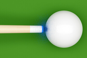 Cue stick hitting cue ball in a break on a pool or snooker table, 3D Illustration