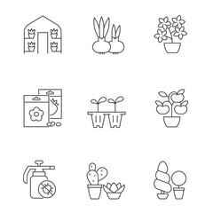Gardening store categories linear icons set. Seedling trays for growing flowers at home. Customizable thin line contour symbols. Isolated vector outline illustrations. Editable stroke