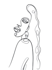 One line drawing face and hair. Abstract woman portrait.  Modern minimalism art. - Vector illustration