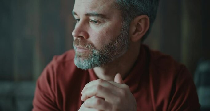 Portrait of serious man looking around feel sad nervous tired at home. Nervous, emotions, handsome, casual, confidence. Slow motion