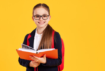Cheerful schoolgirl smiling with textbook