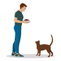Man-feeds-his-cat-with-animal-food.-Illustration-of-a-happy-pet-owner.-Vector-isolated