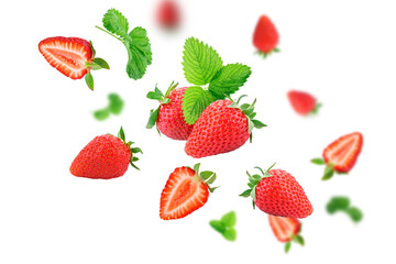 Strawberry berries levitating on a white background. Isolated object on a white background. Horizontal.