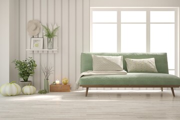 Soft color living room with sofa. Scandinavian interior design. 3D illustration