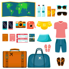 Set-of-vector-summer-travel-items-for-vacation-or-travel.-Women's-and-men's-clothing,-footwear,-accessories,-suitcases-for-tourism.-All-elements-are-isolated