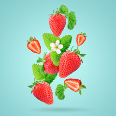 Strawberry berries levitating on a blue background. Horizontal. Selective focus.