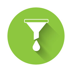 White Funnel or filter icon isolated with long shadow. Green circle button. Vector