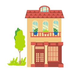 Obraz na płótnie Canvas Orange red Cottage and tree Small country house flat icon vector illustration