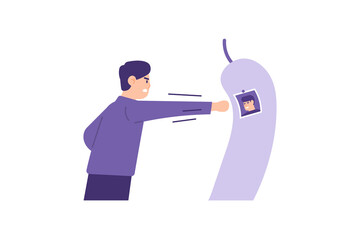 illustration of a man punching or hitting a punching bag with a photo of his enemy on it. venting anger. harbor a grudge. boxing practice. flat style. vector design