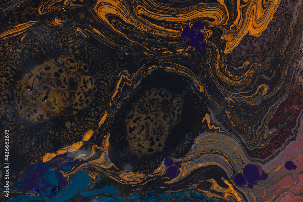 Poster abstract texture of dark brown iridescent patterns with chaotic blue bubbles; paper marbling design