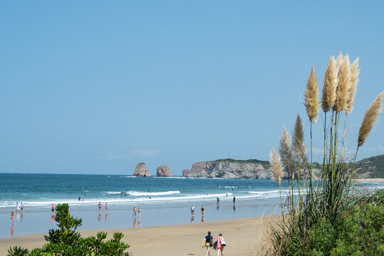 View over the beach of Hendaye, France, towards the sea and the rock of St.-Anne