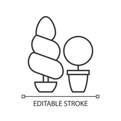 Topiaries and evergreens linear icon. Horticultural practice of training perennial plants. Thin line customizable illustration. Contour symbol. Vector isolated outline drawing. Editable stroke