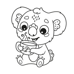 Cute koala drinking hot drink coloring page. Black and white outline cartoon illustration