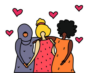 Women of different nationalities together. Cartoon. Vector illustration.
