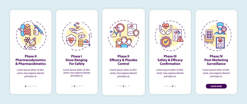 Clinical trials phases onboarding mobile app page screen with concepts. Dosage, efficacy control walkthrough 5 steps graphic instructions. UI, UX, GUI vector template with linear color illustrations