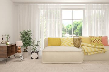 Fototapeta premium White living room with sofa and summer landscape in window. Scandinavian interior design. 3D illustration