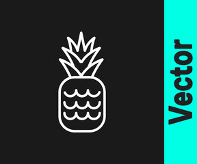 White line Pineapple tropical fruit icon isolated on black background. Vector
