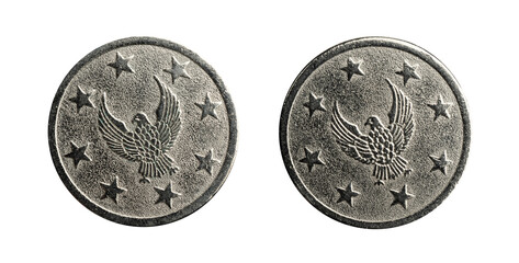 Macro shot of generic coin with an eagle and stars, obverse and reverse.