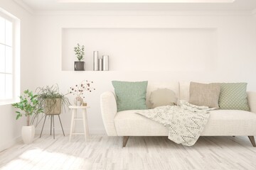 Soft color living room with sofa. Scandinavian interior design. 3D illustration