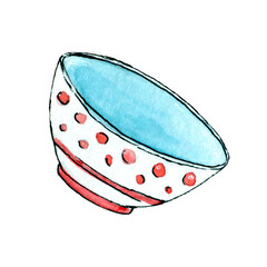 Single ceramic bowl drawn watercolor clip art
