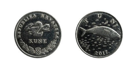 2 Kune of Croatia coin of 2017 with a tuna and a running marten, obverse and reverse.