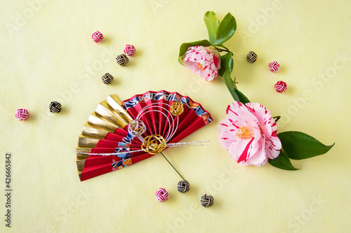 バイカラーの椿の花と扇と水引 Wall Mural Wallpaper Murals Hanaphoto