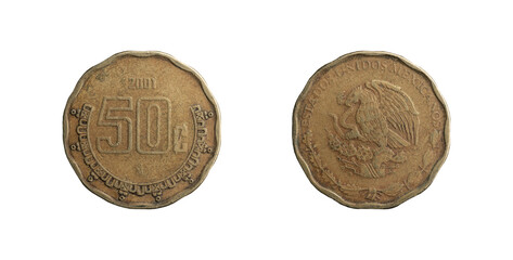 50 cents pesos coin of Mexico of 2001 with the mexican coat of arms, obverse and reverse.