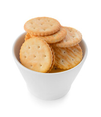 Bowl of tasty crackers on white background