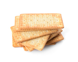 Stack of tasty crackers on white background